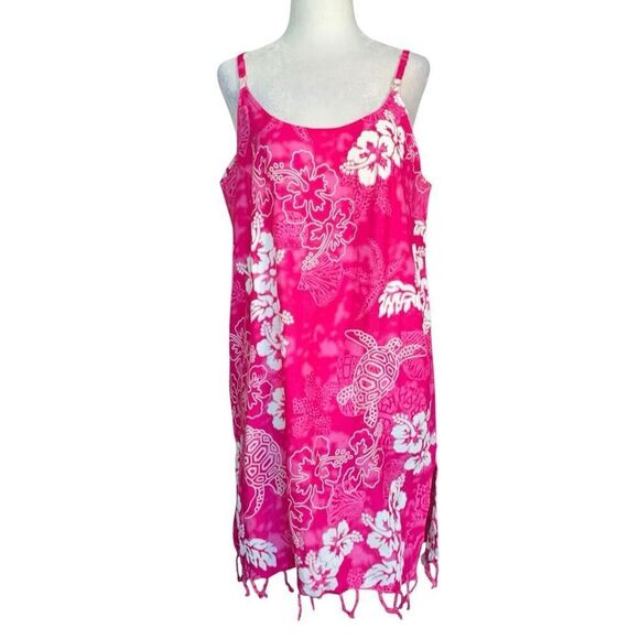 Vintage 90s Mini Dress Hot Pink Tropical Print Floral Slip Dress Fringe Hemmed - Picture 2 of 10